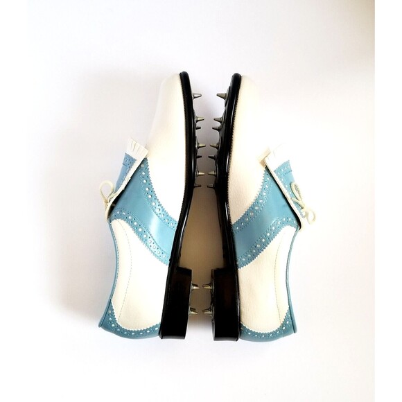 Vintage MONTGOMERY WARD Golf Shoes Sz 9 Blue White Oxford Kiltie Spikes - Picture 8 of 14